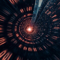 Obraz premium Digital Data Stream Futuristic Tunnel Binary Code Cityscape Technology Abstract Backg