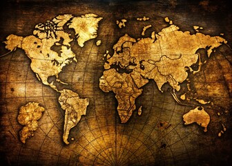 Vintage World Map, Golden Design on Black, Exploration, Adventure, Travel