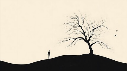 Silhouette of a person walking towards a bare tree on a hill.