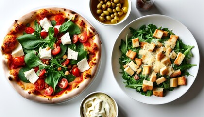 Fresh Salad and Pizza Combo with Healthy Ingredients and Olive Oil Dressing