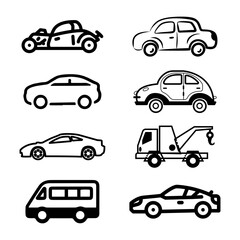 Transporttation vehicles automobile traffic of trasport car van truck black siluete side view pictograms icons outline set colletions vector flat design white background