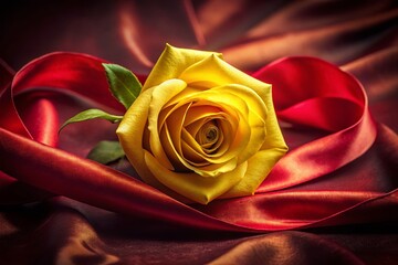 Vintage Yellow Rose on Red Satin Ribbon - High-Resolution PNG Stock Photo