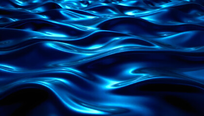 Obraz premium 3d illustration of flowing waves with bright blue metallic reflections, abstract liquid metal effect background