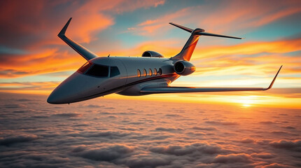 Obraz premium private luxury jet soared gracefully through vibrant morning sky with wide-angle view of sun-kissed clouds below, offering a panoramic view of world awakening to a new day sunrise