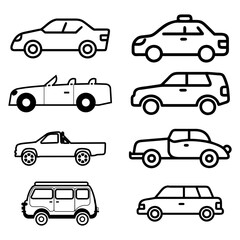 Transporttation vehicles automobile traffic of trasport car van truck black siluete side view pictograms icons outline set colletions vector flat design white background