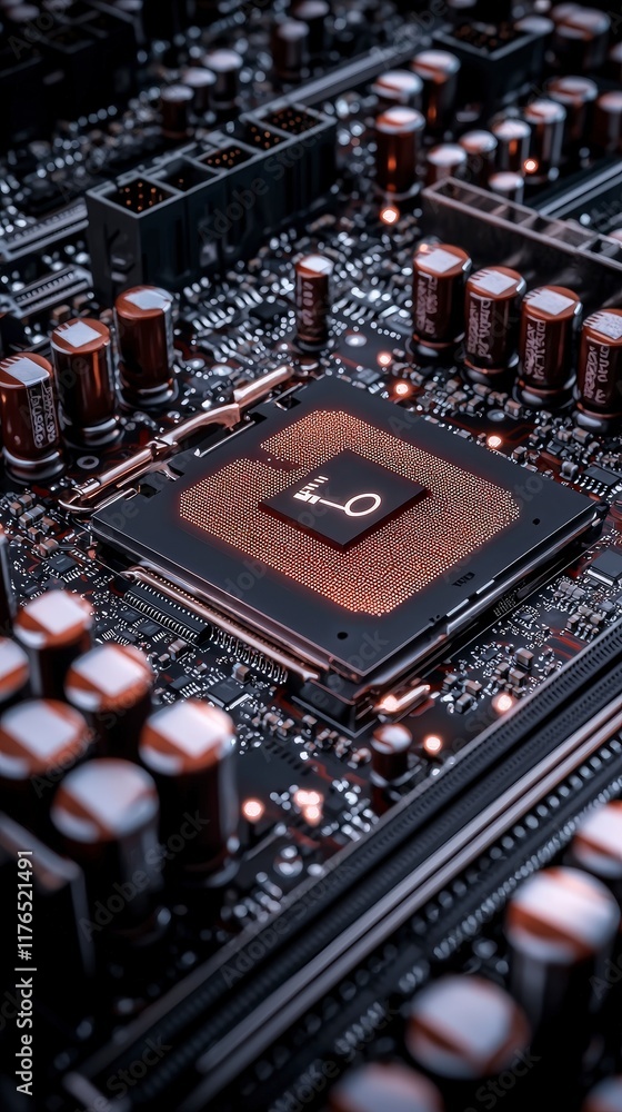 Poster futuristic motherboard cpu security data flow microchip technology
