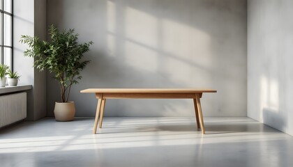 Fototapeta premium Minimalist Wooden Table in a Sunlit Room