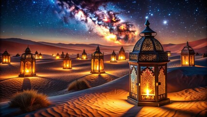 Fototapeta premium Warm Arabian Nights: Welcoming Glowing Lanterns & Starry Sky