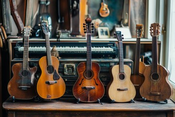 Naklejka premium Five acoustic guitars rest on wooden surface.