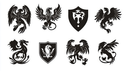 Heraldic Griffin emblem set and mythical Dragon silhouette elements for tattoo, heraldry or shield crest. Fantasy gothic mythical lion and eagle creature. Vector graphic design