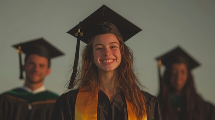 Obraz premium Happy Graduate Woman in Cap and Gown Graduation Ceremony Achievement Success