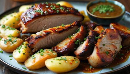 Juicy Pork Roast Platter with Potatoes and Sauce Presented on Elegant Plate