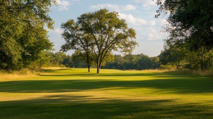 Fototapeta premium Serene Golf Course Landscape Trees Green Grass Sunny Day