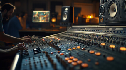 Professional sound engineers working on a modern audio mixing console in a recording studio