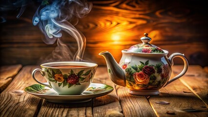 Fototapeta premium Warm Cozy Tea Time: Steaming Teacup and Teapot on a Plate