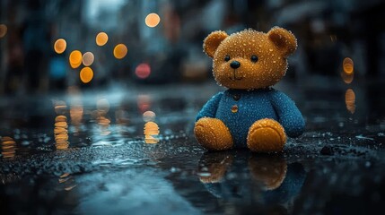Wet teddy bear sits alone on a rain-slicked city street at night.
