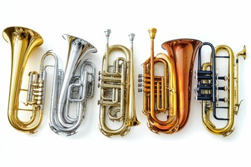 Six brass instruments arranged in a row.
