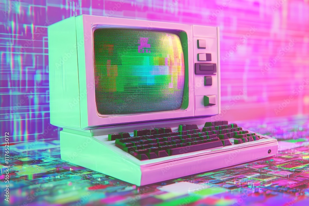 Poster Retro computer with glitch effect on screen, vibrant background.