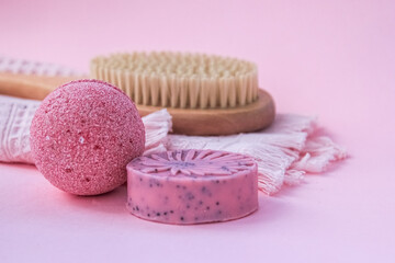 Cosmetics, Spa, Lavender, Salt, Spa massage setting, lavender product, oil on Pink background. Copy space