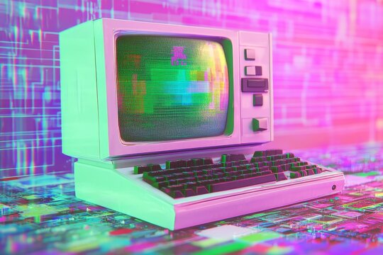 Retro computer with glitch effect on screen, vibrant background.
