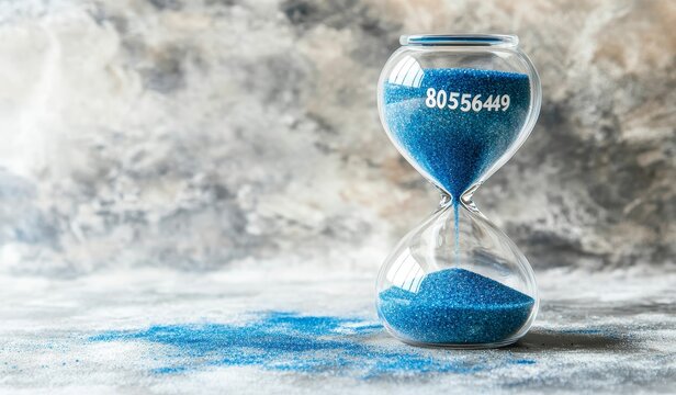 Blue sand flows through hourglass; time, deadline, urgency concept.