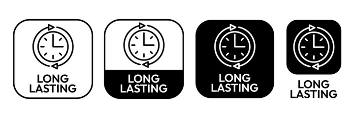 Long lasting icons set, logo, label, badge, symbol, arrow, stamp, black, line, flat vector, isolated illustration. Pharma or beauty label for product packaging design. Hourglass, time, clock icon. 