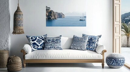 a couch with pillows and a lamp hanging from the ceiling