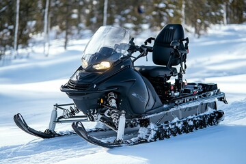 Black snowmobile in snowy forest setting.