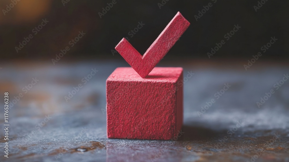 Poster a red wooden block with a red tick on it