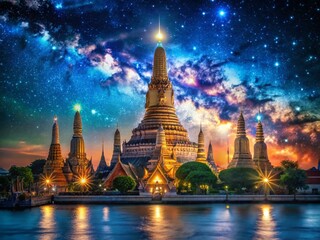 Wat Arun Temple Bangkok Night Photography, Illuminated Spire,  Ancient Thai Architecture,  Dramatic Night Scene