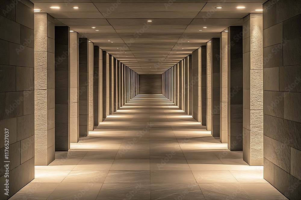 Aufkleber Modern Architectural Tunnel with Symmetrical Illumination in Warm Tones : Generative AI