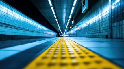 Obraz premium A perspective view of a subway platform illuminated by artificial lighting.