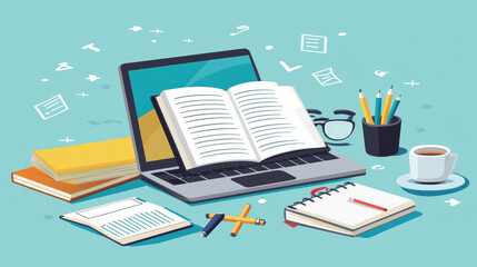 Education flat icons with books, laptop, notebooks, diary, drawing, clipboard, exercise books, pencils, pens, rulers, paints, scissor, compasses and diploma