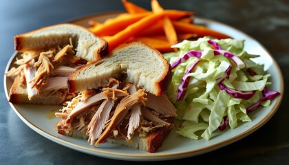 Delicious Pulled Pork Sandwich with Side Salad and Sweet Potato Fries on a Plate