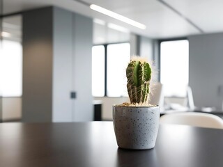 A blurred background of an empty, contemporary office space sets scene for a professional environment with clean lines and modern design. Cactus in office. Plant in office 