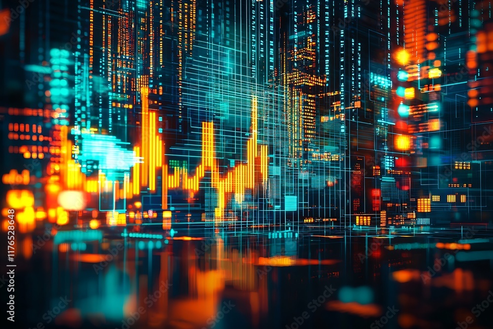 Aufkleber Innovative Financial Technology Abstract with Bright Data Lines and Graphs on Neon Background : Generative AI