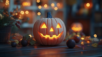 Fototapeta premium A vibrant jack-o'-lantern, illuminated by warm candlelight, sits amidst a festive autumnal display of pumpkins, leaves, and glowing lanterns, evoking a cozy and spooky Halloween ambiance.