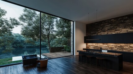 Fototapeta premium Modern Kitchen Design with Lake View Luxury Home Interior