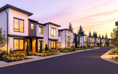 Modern residential neighborhood at sunset with landscaped gardens and a serene atmosphere.