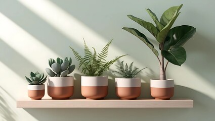 Fototapeta premium Indoor Plant Arrangement with Succulents, Ferns, and Fiddle Leaf Fig on Wooden Shelf