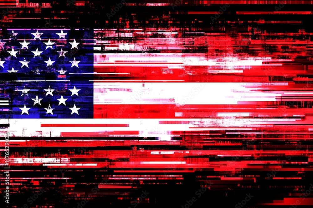 Poster Abstract American Flag with Dynamic Red and Blue Digital Glitches on Dark Background : Generative AI