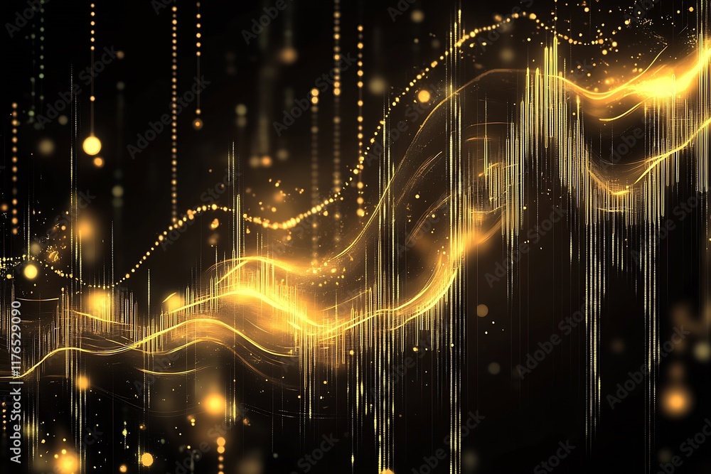 Poster abstract golden digital waves and dots on black background in high tech style : generative ai