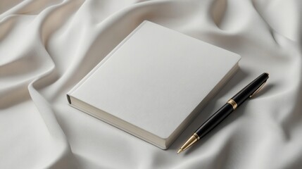 a pen and a book on a white cloth