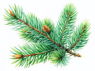 Watercolor Pine Branch Isolated, Nature Painting, Christmas Botanical Illustration, Winter Holiday Design Element