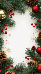 Festive Christmas Border  Pine Branches  Berries  Ornaments