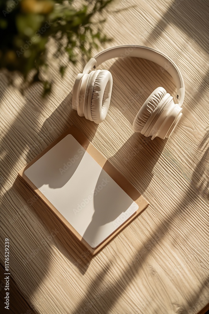 Poster Headphones and Notebook on Wooden Table Creative Inspiration Remote Work Setup : Generative AI