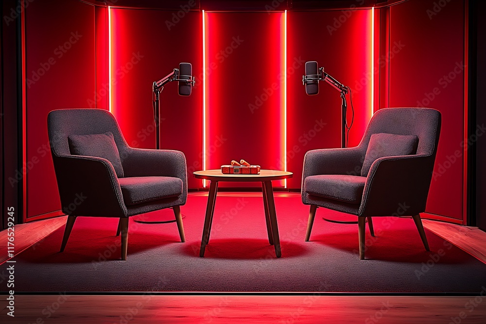 Poster modern podcast studio with red ambient lighting featuring two armchairs : generative ai