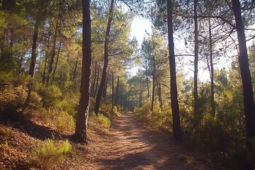 Fototapeta premium Sunlit path through a pine forest.