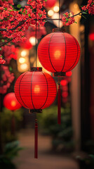 Obraz premium Red Chinese Lanterns Hanging with Cherry Blossoms