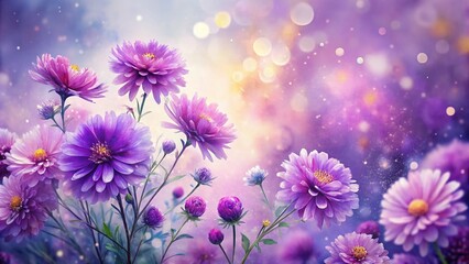 Fototapeta premium Watercolor Purple Flowers Border, Bokeh Background, Splatter Paint Effect Stock Photo